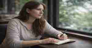 calm woman taking notes near a window when husband may be cheating