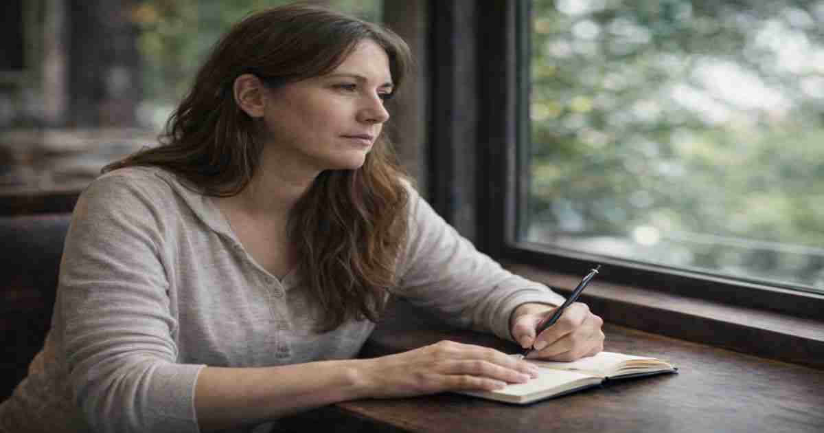 calm woman taking notes near a window when husband may be cheating