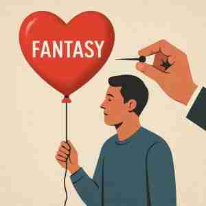 man holding a fantasy balloon about to be popped by a pin