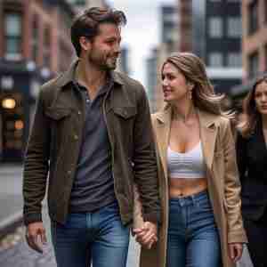front view of happy couple walking on street in Europe as another woman looks on
