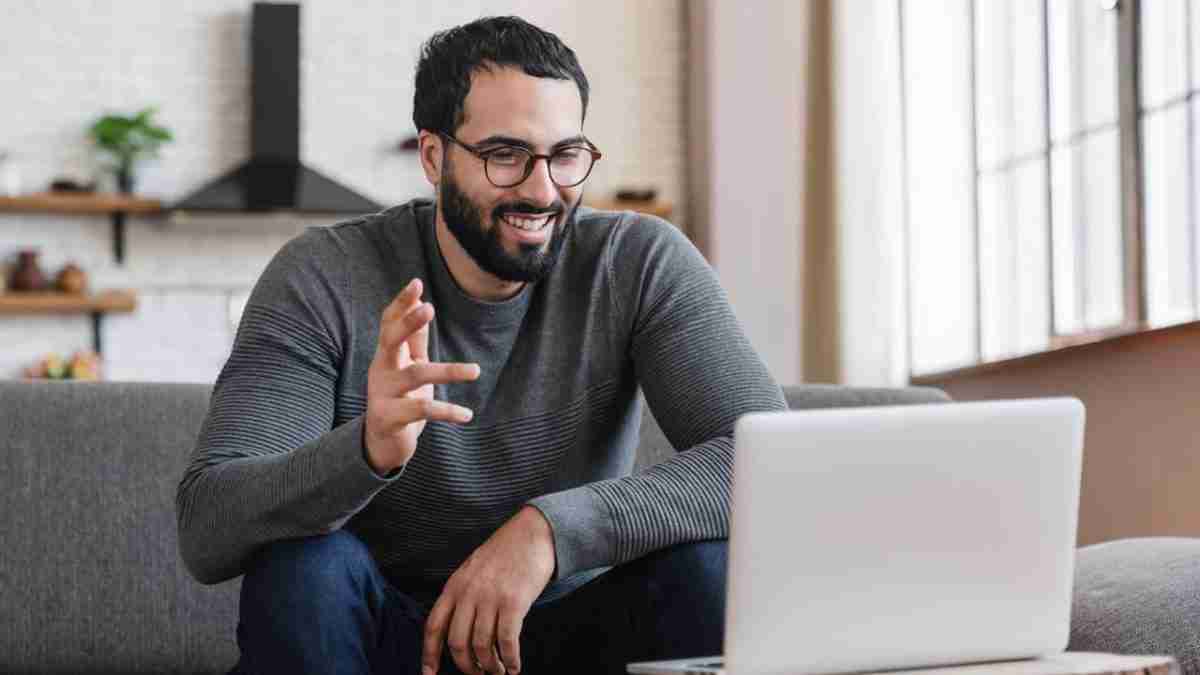 man working online with marriage coach or relationship coach
