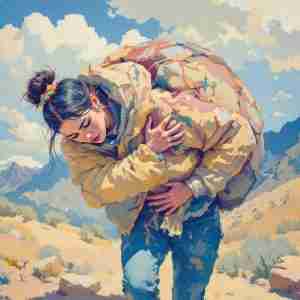 woman carrying a heavy pack uphill
