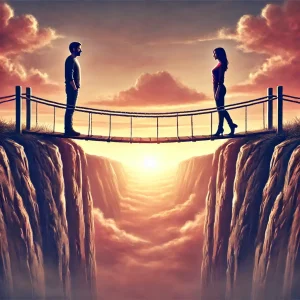 couple on opposing cliffs, with a bridge between them