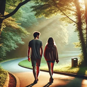 man and woman walking together in the park