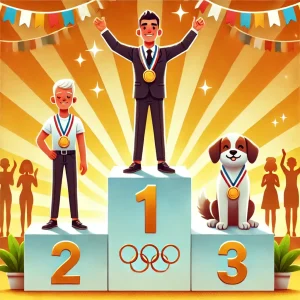 man in first place, son in second place, dog in third