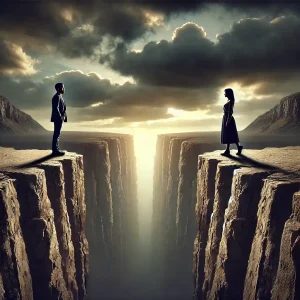 man and woman separated by a deep chasm