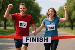 couple holding hands and finishing a race together