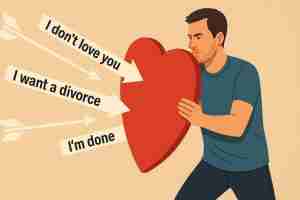 Man protecting himself from hurtful words with a heart shaped shield