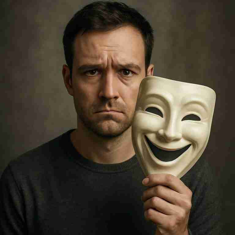 sad man holding a smiling mask