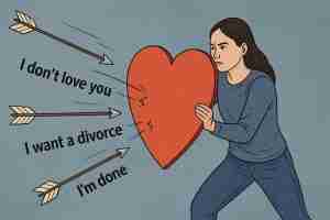 Woman using a heart shaped shield to protect herself from hurtful words
