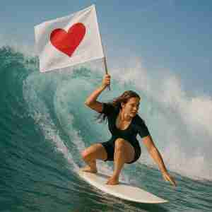 woman surfing while holding a white flag with a red heart on it