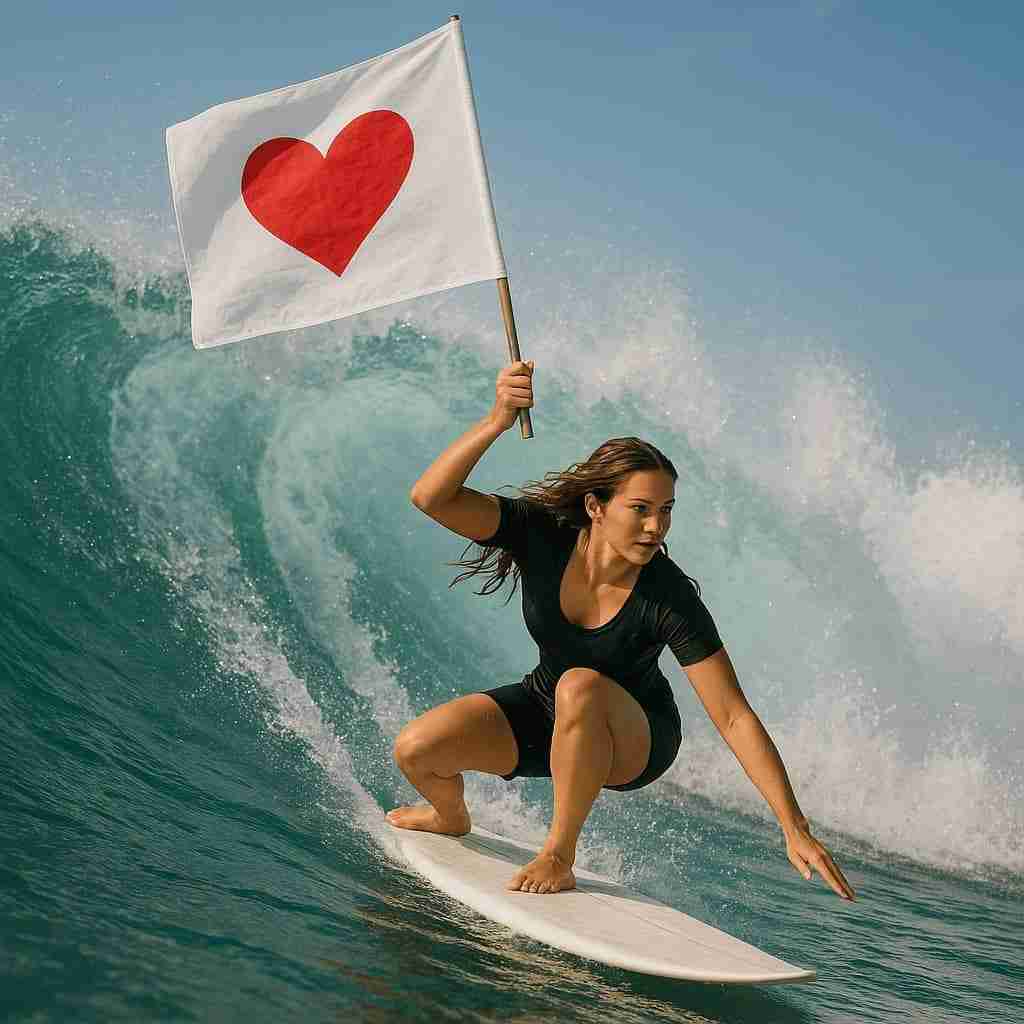 woman surfing while holding a white flag with a red heart on it