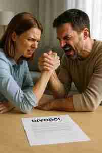 a man and woman arm wrestle over a divorce paper