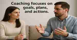 Coaching focuses on goals, plans, and actions.