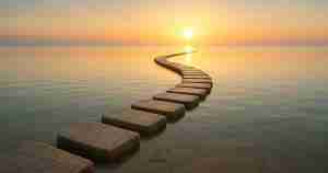 small steps leading across the water to a beautiful sunrise
