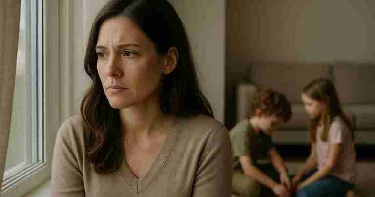unhappy woman with two young children