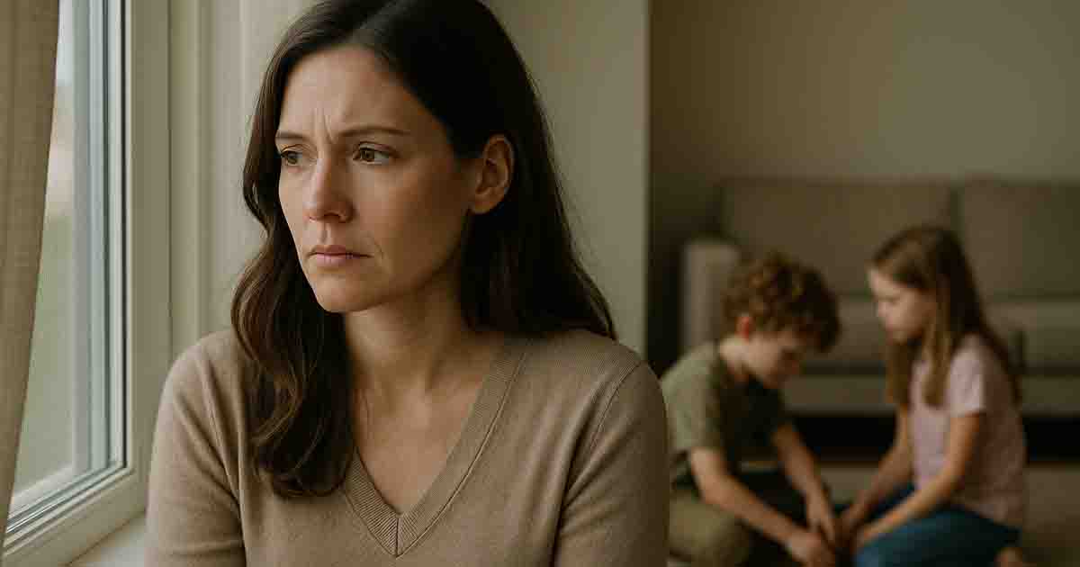 unhappy woman with two young children