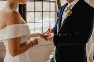 bride and groom in wedding ceremony exchanging rings