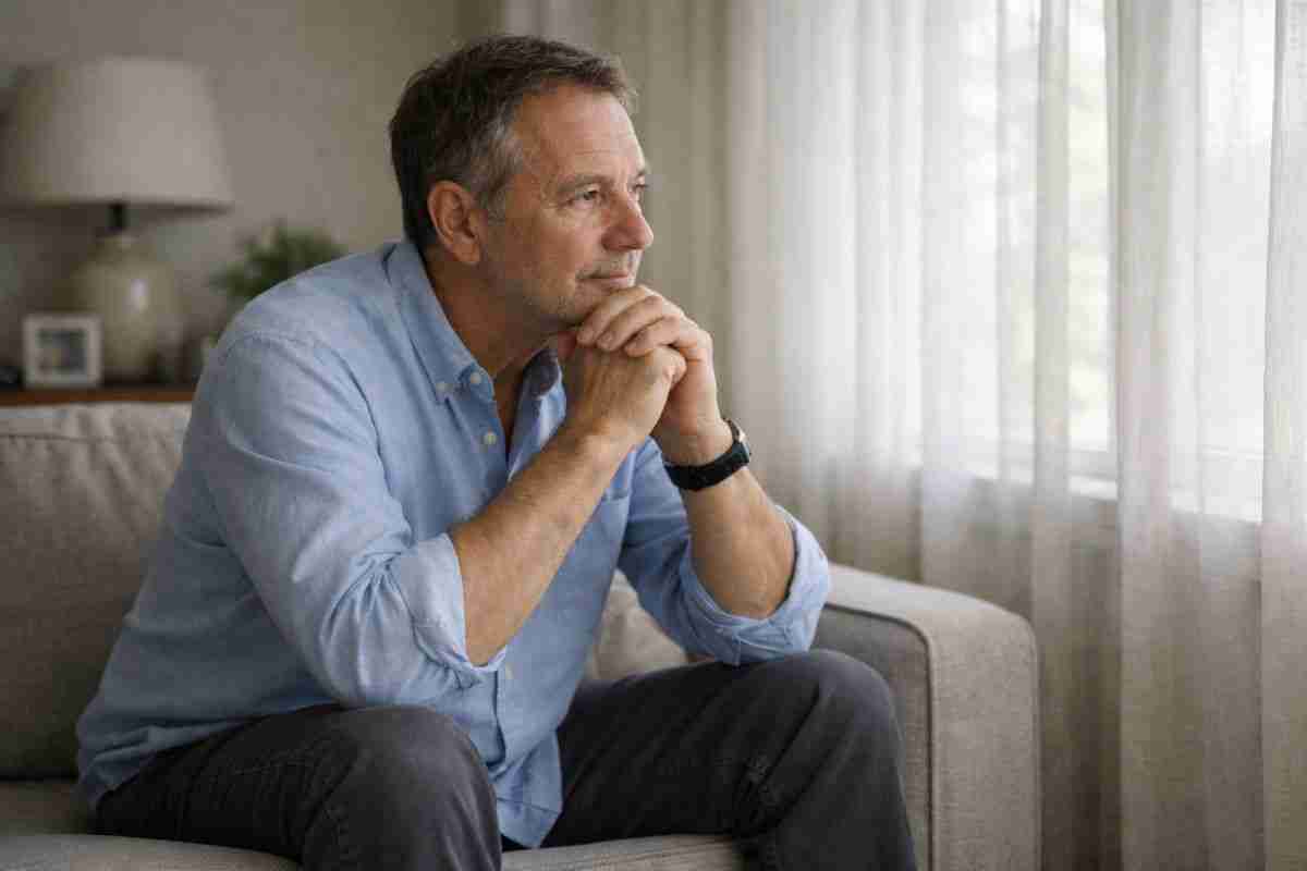 contemplative man sitting on sofa