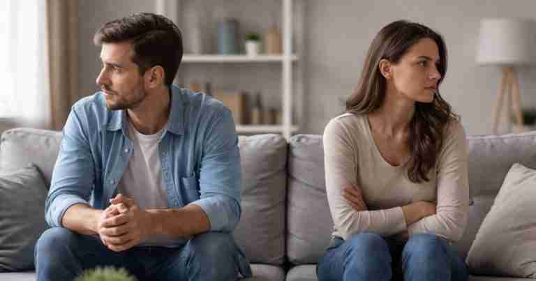 emotionally distant couple sitting on the sofa, looking away from each other