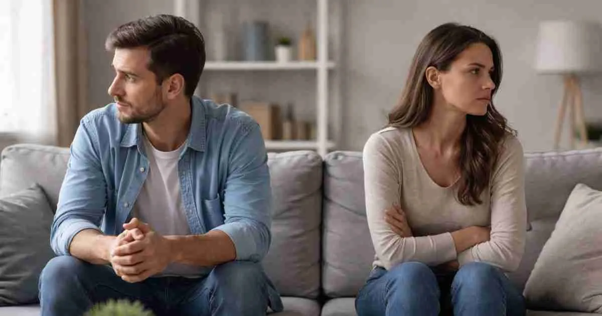 emotionally distant couple sitting on the sofa, looking away from each other