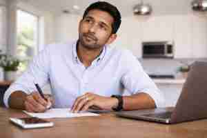 man thinking at a computer and making notes