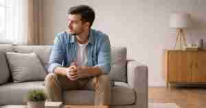 contemplative man sitting on a sofa and looking out a window