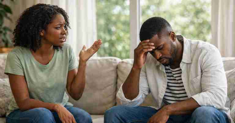 black couple on sofa with wife complaining to husband