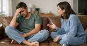 conflicted married couple having tense discussion on the sofa