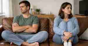 emotionally distant married couple sitting on the sofa