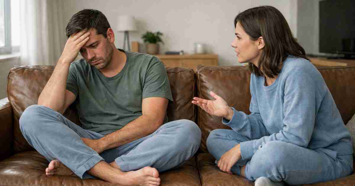conflicted married couple having tense discussion on the sofa