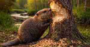 beaver biting chips from a tree
