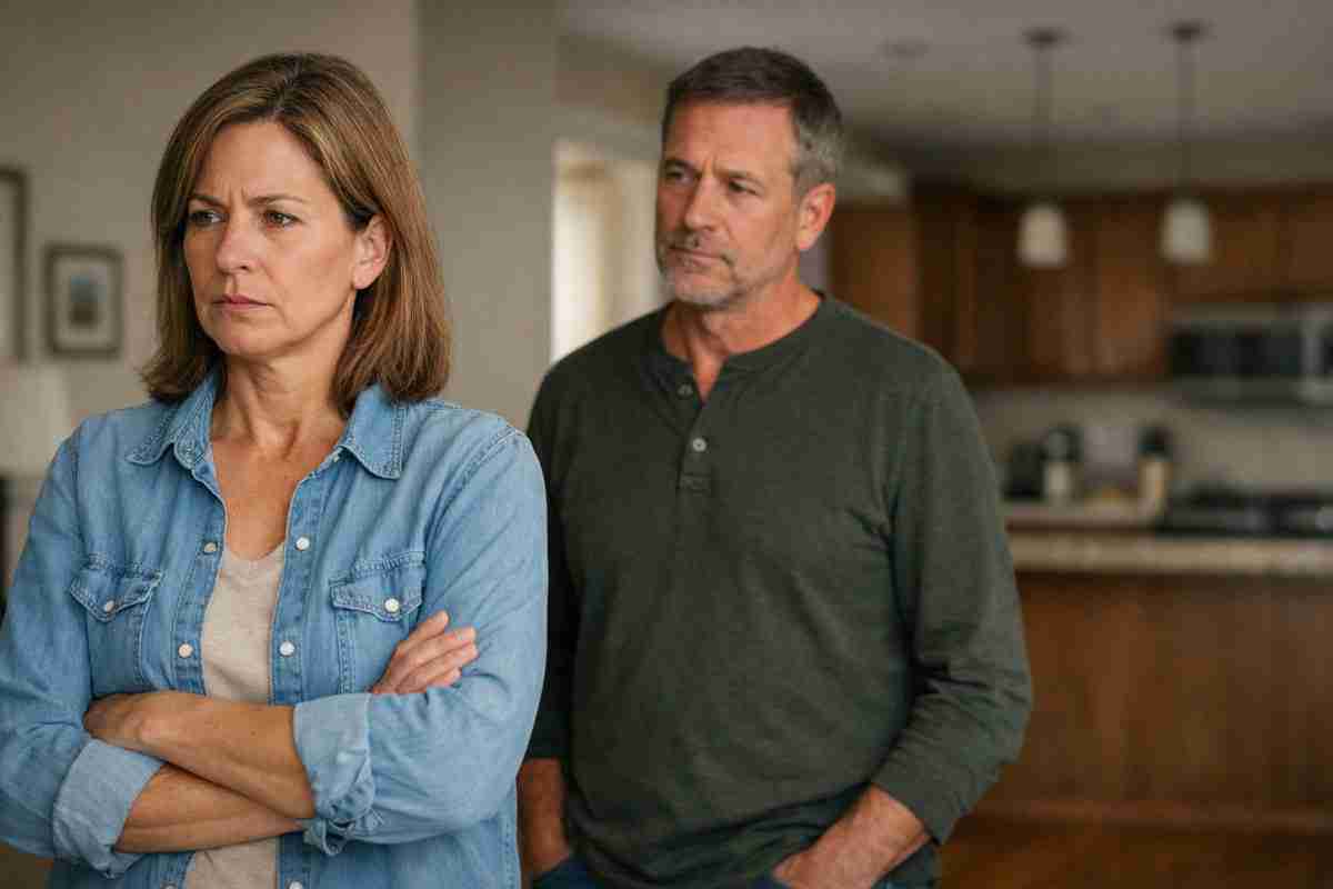 Angry wife with arms crossed, turning her back on her husband