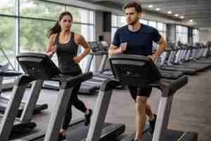 couple running side by side on treadmills