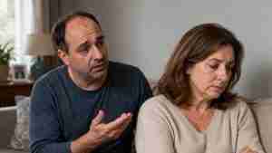 man explaining and apologizing to wife while she has contempt