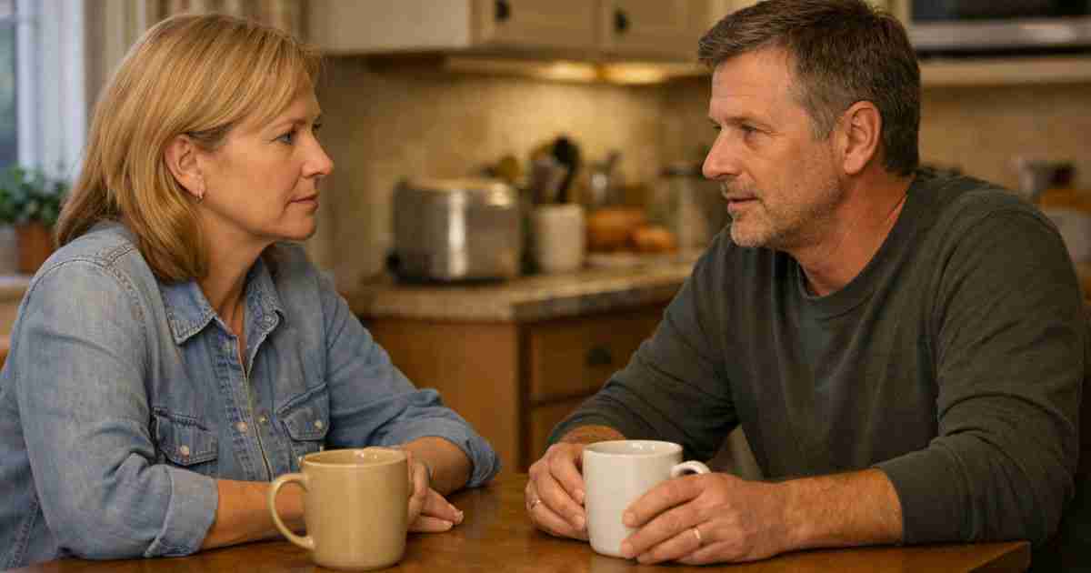 middle aged couple talking calmly over coffee