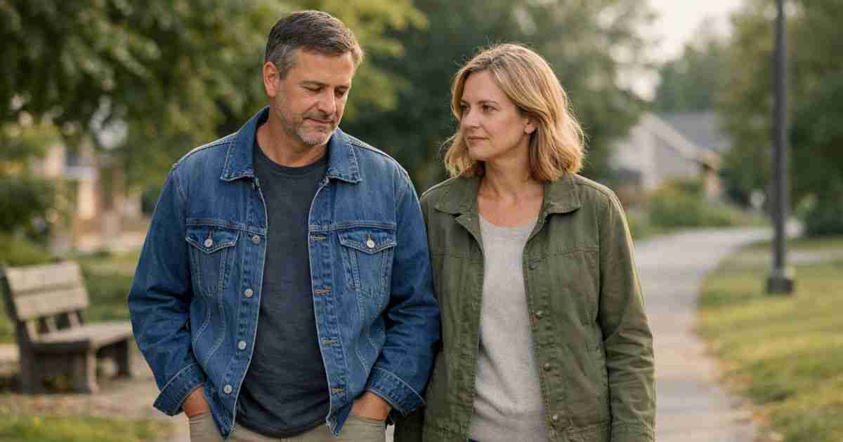 middle aged couple walking calmly outdoors