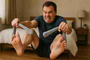 a man trying to put on 2 socks at a time