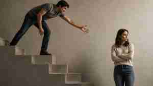 husband reaching for wife from a high stair to floor level