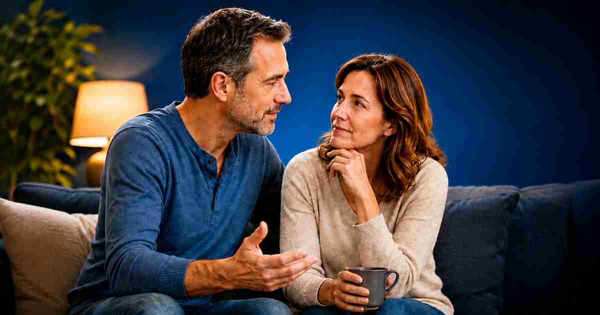 couple talking on sofa in a calm and friendly way