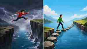 illustration of dangerous giant leap vs. stepping stones