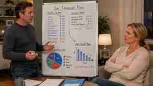 husband lecturing wife using whiteboard