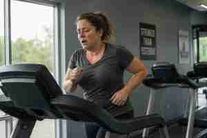 out of shape woman running on a treadmill